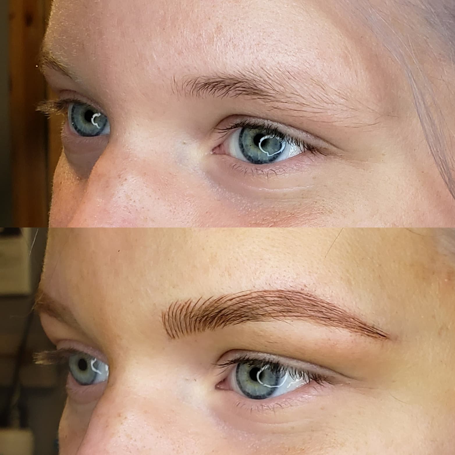Healed brow transformation - before and after, side view of fine hair strokes