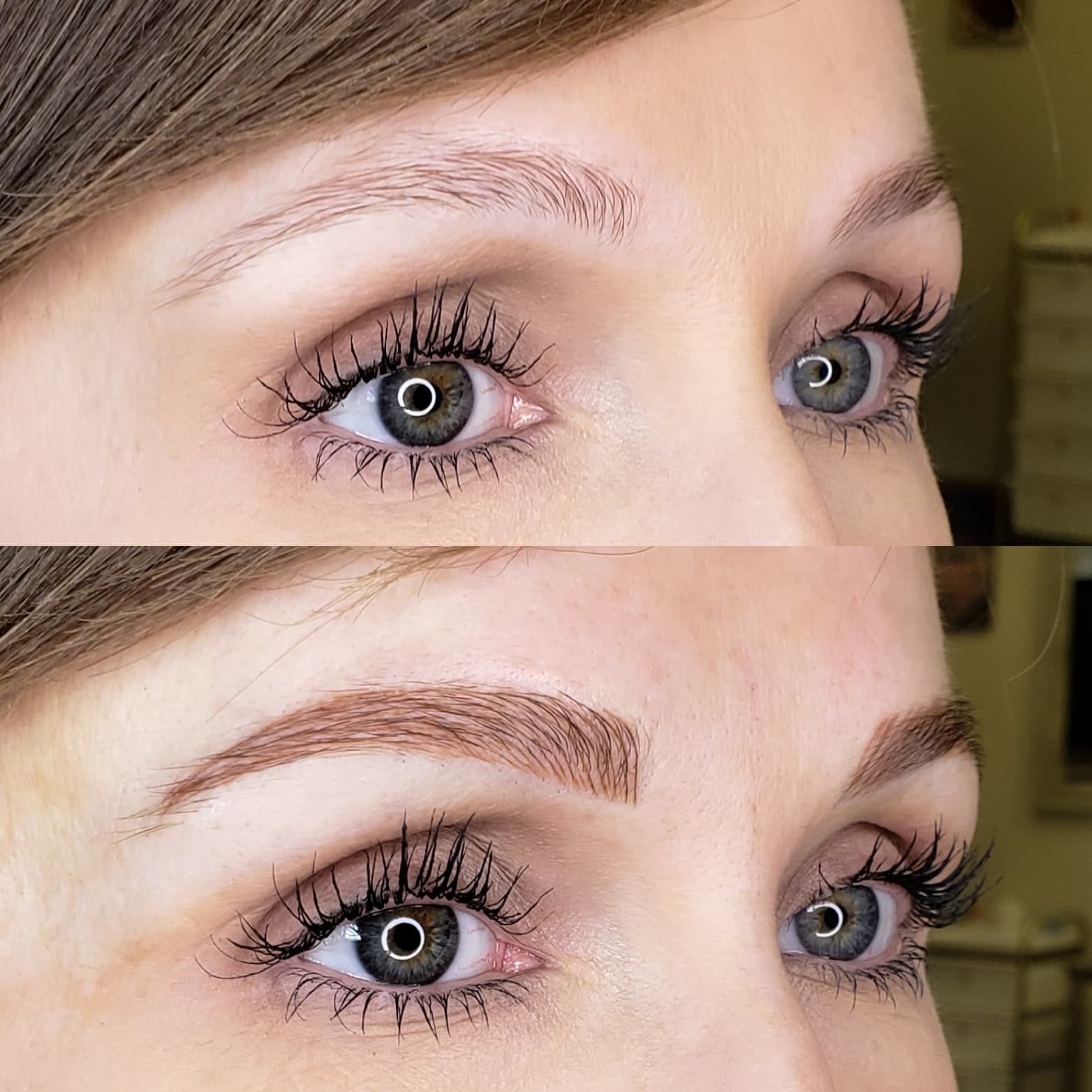 Healed brow transformation - before and after, delicate auburn hair strokes